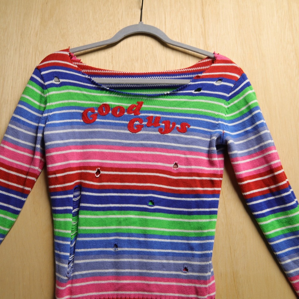 Good Guys Striped Distressed Horror Movie Knit Sweater Multi-Color Long Sleeve